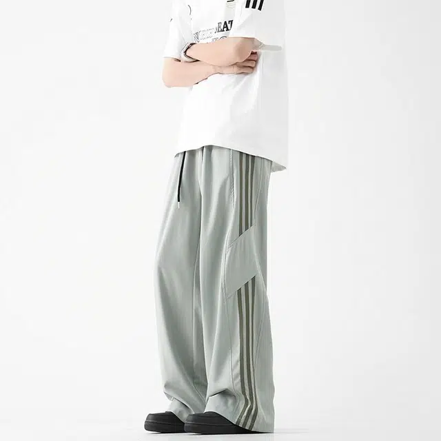 行更远 美式条纹冰丝速干直筒裤夏季潮牌设计感痞帅宽松百搭休闲裤 男女同款
