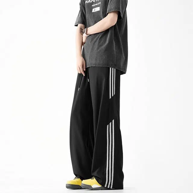 行更远 美式条纹冰丝速干直筒裤夏季潮牌设计感痞帅宽松百搭休闲裤 男女同款