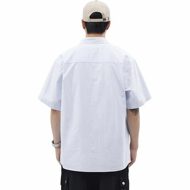 希越 日系简约潮流竖条纹短袖衬衫 男款