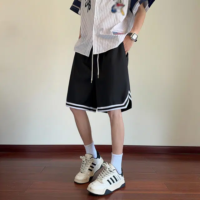 孜讯 基础款式简约条纹透气薄款网眼宽松百搭潮流跑步健身运动透气吸汗薄款篮球裤体育生训练五分休闲短裤 男女同款