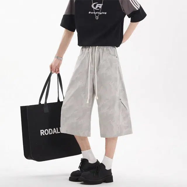 臣目 美式复古扎染小众设计感七分宽松休闲短裤 男款