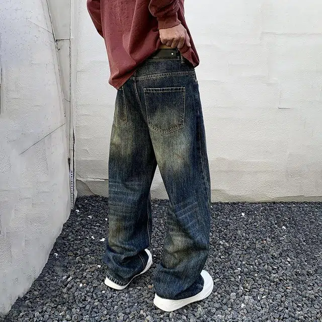 宝米卡 直筒复古水洗做旧牛仔裤 男女同款 瑾瑜蓝