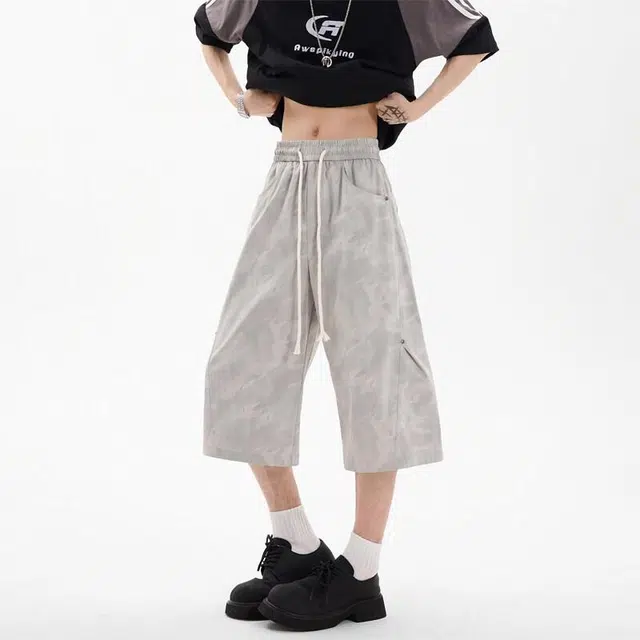 臣目 美式复古扎染小众设计感七分宽松休闲短裤 男款