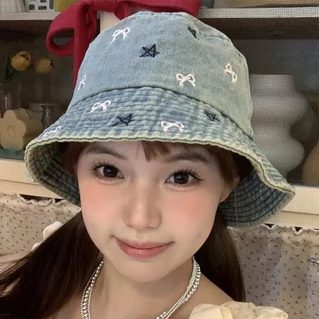 木林森 时尚复古水洗做旧蝴蝶结牛仔水桶帽春夏季户外出行旅游防晒遮阳大檐显脸小时尚潮流学生百搭盆帽 聚酯纤维 渔夫帽 男女同款情侣款