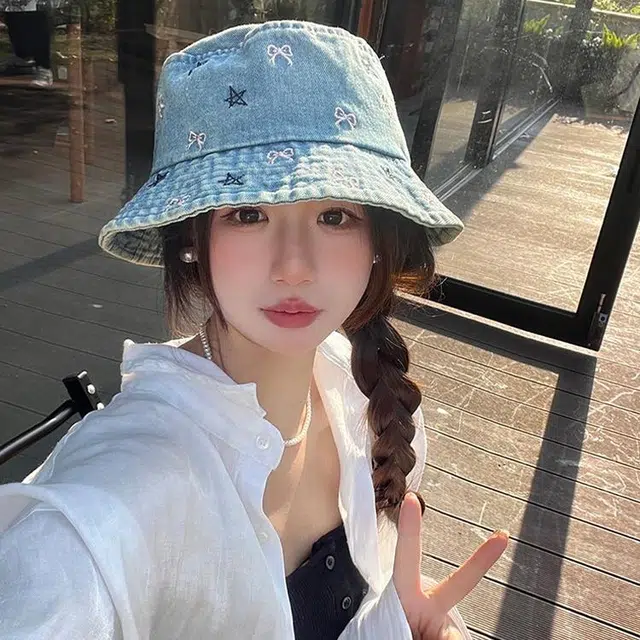 木林森 时尚复古水洗做旧蝴蝶结牛仔水桶帽春夏季户外出行旅游防晒遮阳大檐显脸小时尚潮流学生百搭盆帽 聚酯纤维 渔夫帽 男女同款情侣款