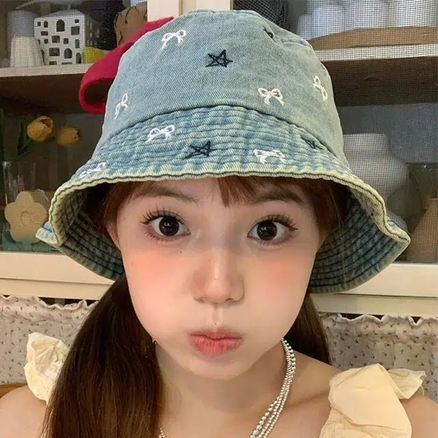 木林森 时尚复古水洗做旧蝴蝶结牛仔水桶帽春夏季户外出行旅游防晒遮阳大檐显脸小时尚潮流学生百搭盆帽 聚酯纤维 渔夫帽 男女同款情侣款
