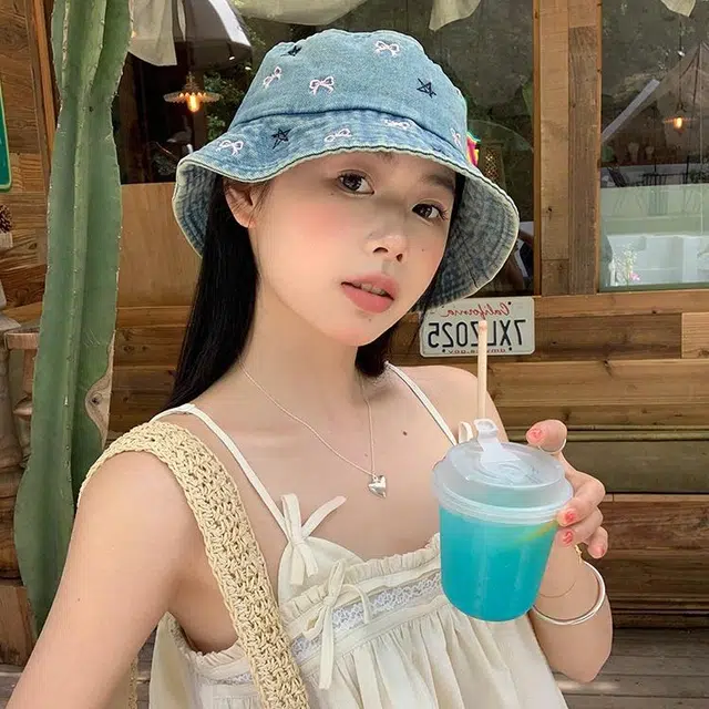 木林森 时尚复古水洗做旧蝴蝶结牛仔水桶帽春夏季户外出行旅游防晒遮阳大檐显脸小时尚潮流学生百搭盆帽 聚酯纤维 渔夫帽 男女同款情侣款