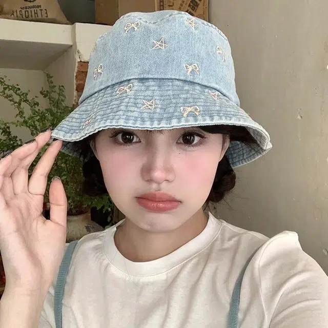 木林森 时尚复古水洗做旧蝴蝶结牛仔水桶帽春夏季户外出行旅游防晒遮阳大檐显脸小时尚潮流学生百搭盆帽 聚酯纤维 渔夫帽 男女同款情侣款