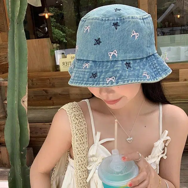 木林森 时尚复古水洗做旧蝴蝶结牛仔水桶帽春夏季户外出行旅游防晒遮阳大檐显脸小时尚潮流学生百搭盆帽 聚酯纤维 渔夫帽 男女同款情侣款