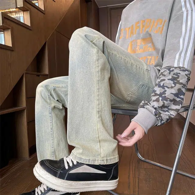 加荣 美式复古直筒高街牛仔裤 男女同款