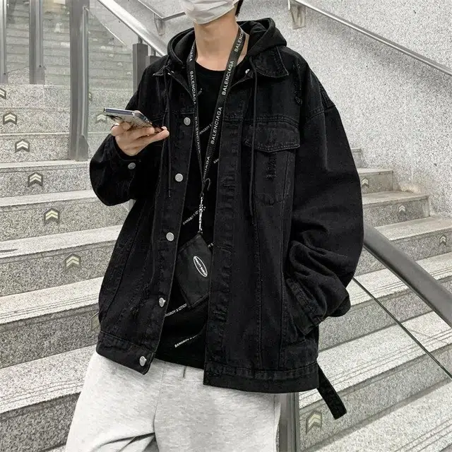 快鱼 美式复古水洗做旧卡通印花假两件连帽可拆卸潮牌痞帅日常通勤休闲宽松百搭牛仔外套 男女同款