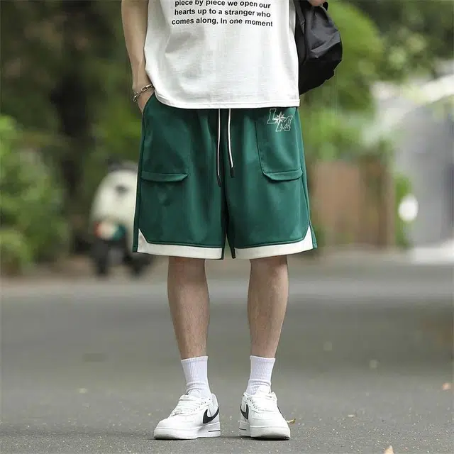 兰缪 拼色透气柔软亲肤运动户外宽松五分裤休闲短裤 男女同款