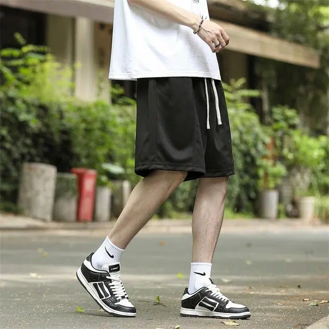 兰缪 日系简约基础款日常通勤舒适透气亲肤柔软美式复古百搭中腰宽松系带纯色适中五分休闲短裤 男女同款