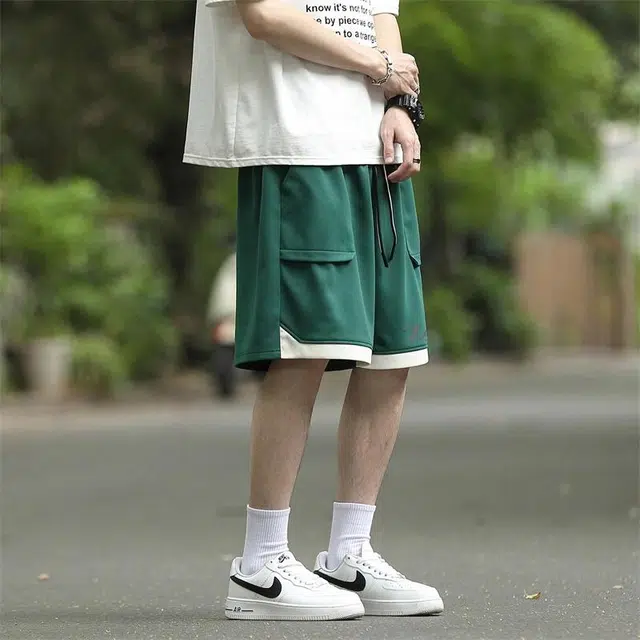 兰缪 基础款拼色透气宽松五分裤休闲短裤 男女同款