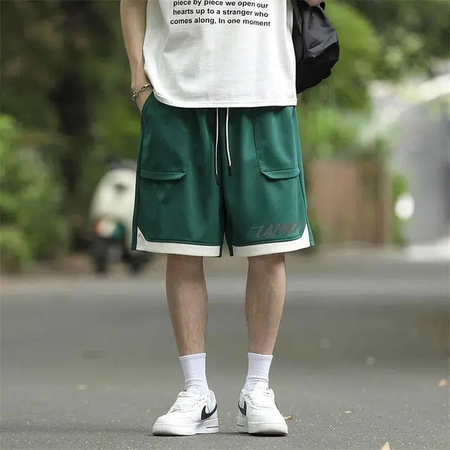 兰缪 基础款拼色透气宽松五分裤休闲短裤 男女同款