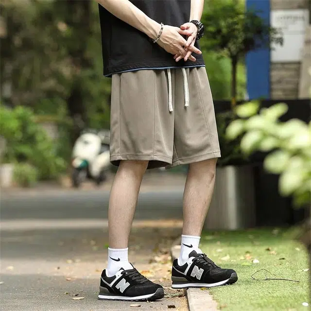 兰缪 日系简约基础款日常通勤舒适透气亲肤柔软美式复古百搭中腰宽松系带纯色适中五分休闲短裤 男女同款