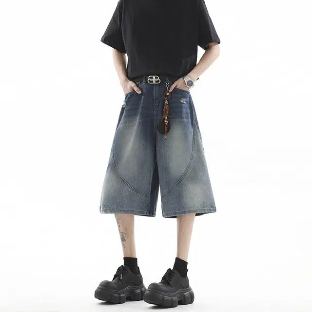 加荣 渐变水洗五分裤潮牌宽松复古黑色中裤美式高街直筒休闲裤外穿高级感百搭牛仔短裤 男女同款