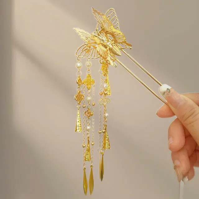 【遇良人】 指尖瑰宝 中式复古高级感发饰蝶舞纷飞好运到来流苏步摇汉服旗袍马面裙发钗盘发#好运 镀金 发簪 女款