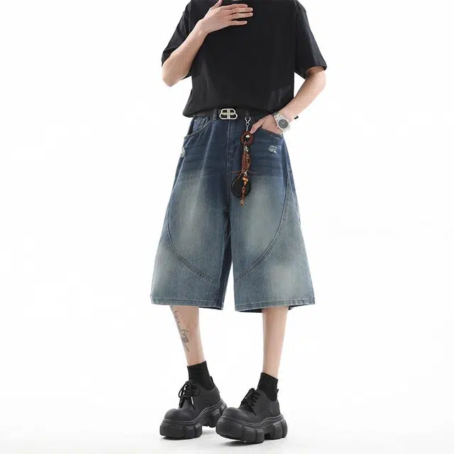 加荣 渐变水洗五分裤潮牌宽松复古黑色中裤美式高街直筒休闲裤外穿高级感百搭牛仔短裤 男女同款