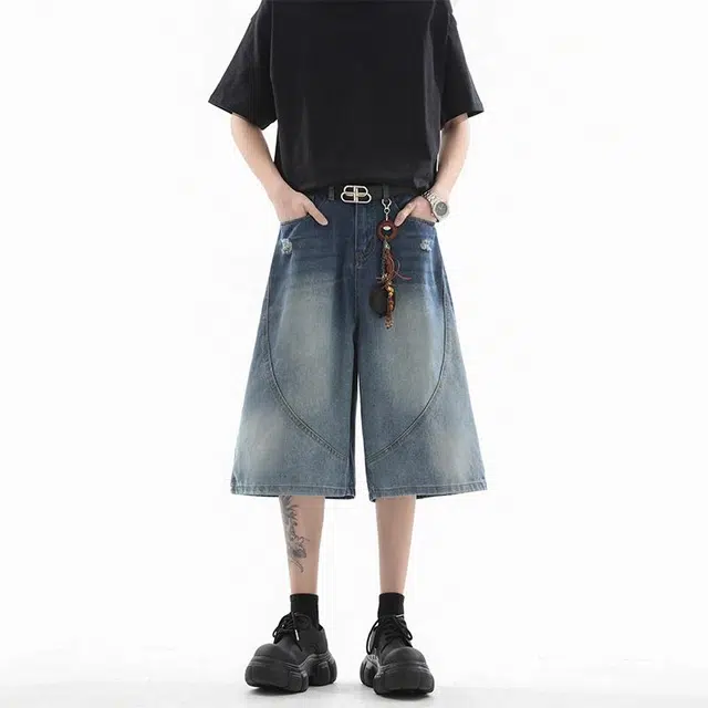 加荣 渐变水洗五分裤潮牌宽松复古黑色中裤美式高街直筒休闲裤外穿高级感百搭牛仔短裤 男女同款