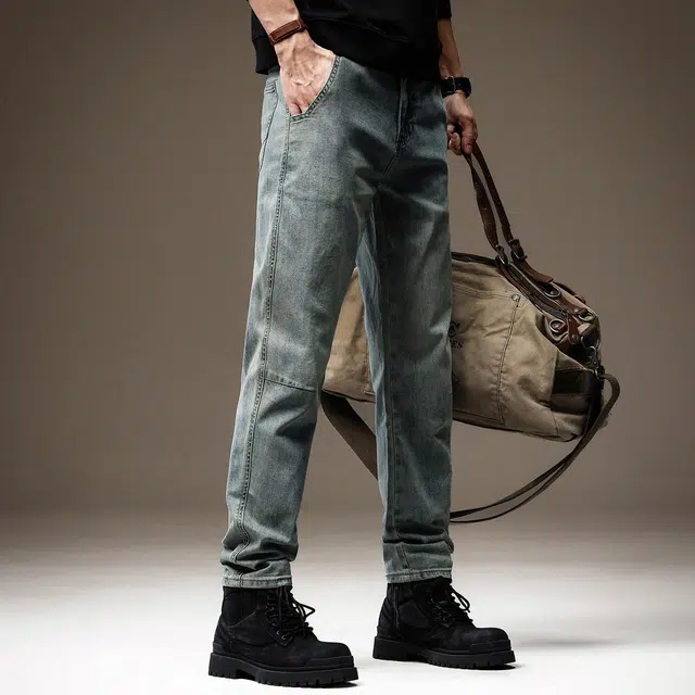 贵色 美式高街水洗做旧斜插袋潮流显瘦休闲阔腿垂感直筒长裤牛仔裤 男女同款 蓝色