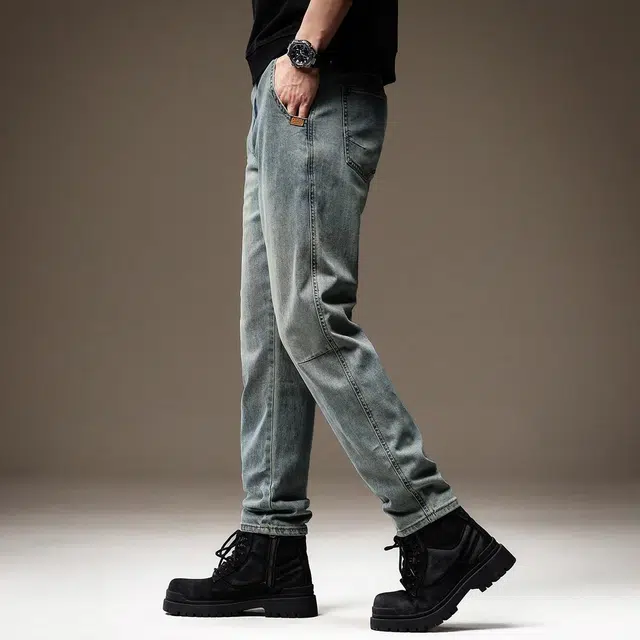 贵色 美式高街水洗做旧斜插袋潮流显瘦休闲阔腿垂感直筒长裤牛仔裤 男女同款 蓝色