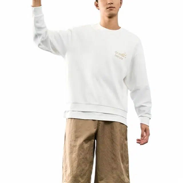 特步 生活系列 印花字母圆领套头宽松卫衣 男款 本白