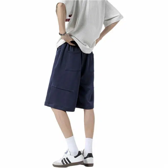 颂希尔 潮流简约出勤百搭运动舒适中腰宽松纯色系带适中五分休闲短裤 男女同款
