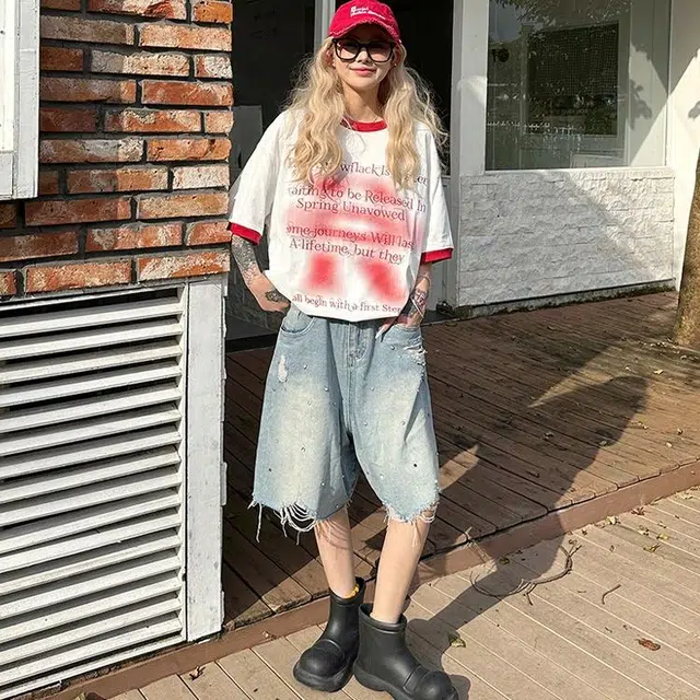 极限涡轮 美式纯色拼接休闲五分休闲裤潮牌宽松牛仔短裤 男女同款 浅蓝色