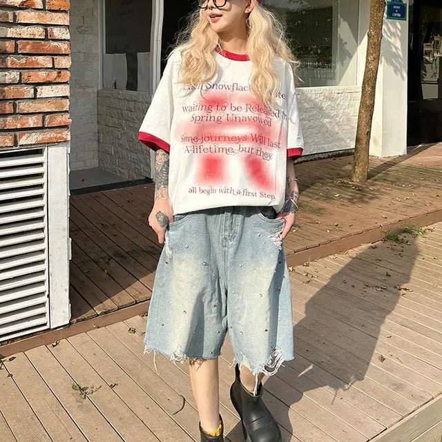 极限涡轮 美式纯色拼接休闲五分休闲裤潮牌宽松牛仔短裤 男女同款 浅蓝色