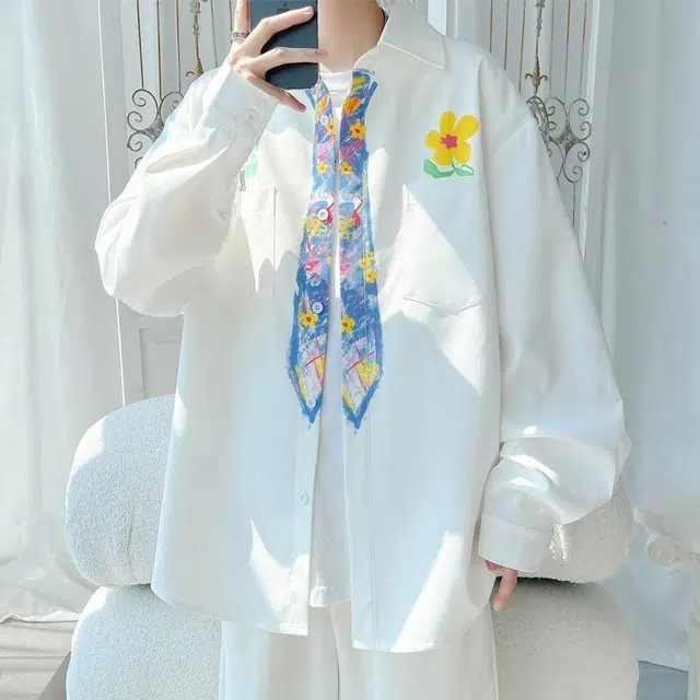 大白鲨 日系潮牌复古卡通涂鸦宽松休闲百搭翻领短袖衬衫 男款 白色