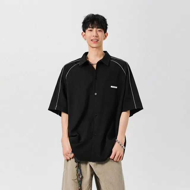 冰飞 美式复古高街简约基础纯色宽松休闲百搭短袖衬衫 男女同款