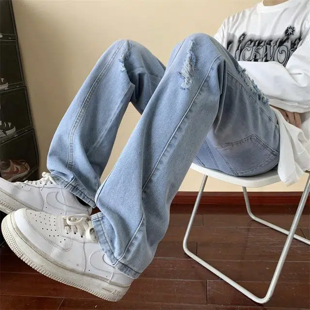 加荣 纯色直筒长裤宽松休闲大码做旧破洞牛仔裤 男女同款