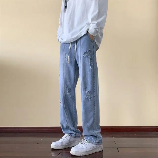 加荣 纯色直筒长裤宽松休闲大码做旧破洞牛仔裤 男女同款