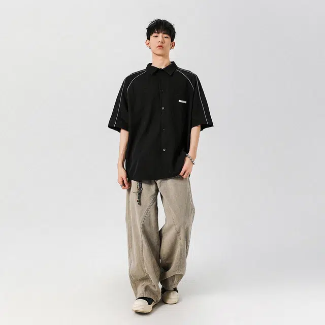 冰飞 美式复古高街简约基础纯色宽松休闲百搭短袖衬衫 男女同款