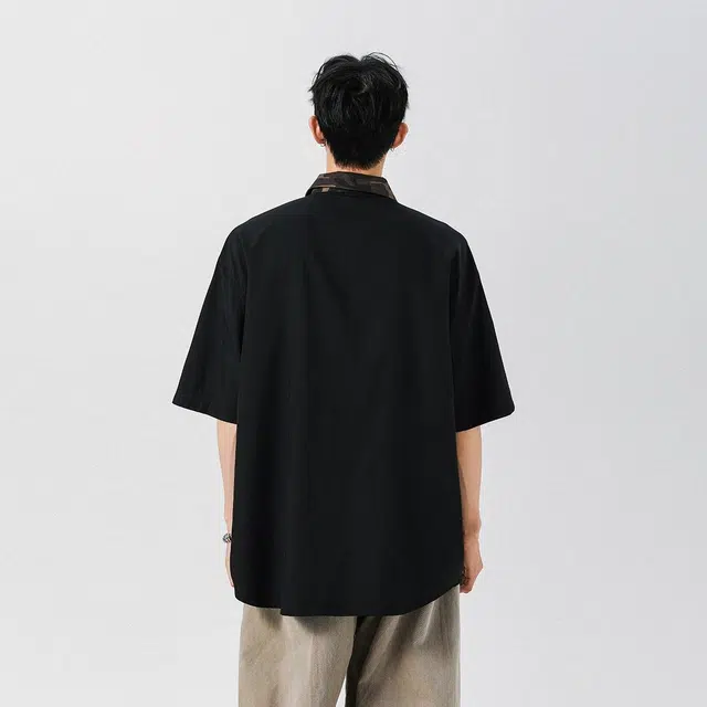 冰飞 经典条纹拼色短袖衬衫 男女同款