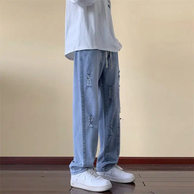 加荣 纯色直筒长裤宽松休闲大码做旧破洞牛仔裤 男女同款