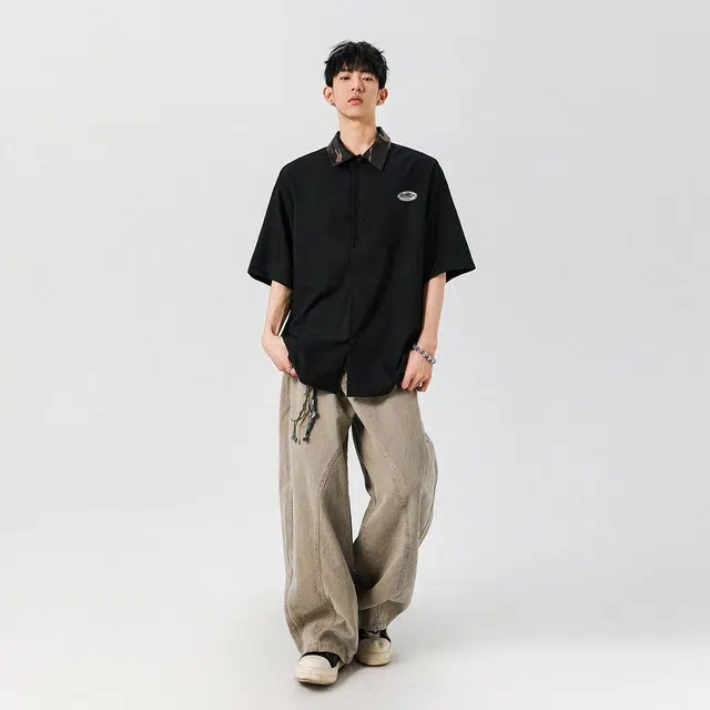 冰飞 经典条纹拼色短袖衬衫 男女同款
