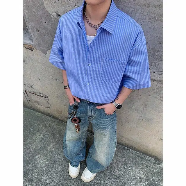 臣目 条纹日系翻领宽松舒适百搭短袖衬衫 男款