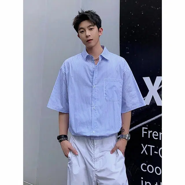 臣目 条纹日系翻领宽松舒适百搭短袖衬衫 男款