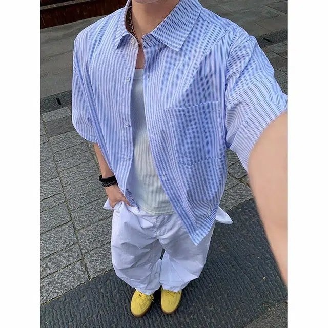 臣目 条纹日系翻领宽松舒适百搭短袖衬衫 男款