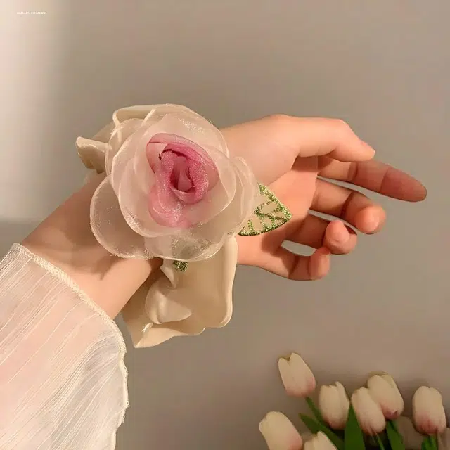 丹琴 山茶花欧根纱大肠扎头花低马尾小香风 网纱 皮筋 发圈 女款