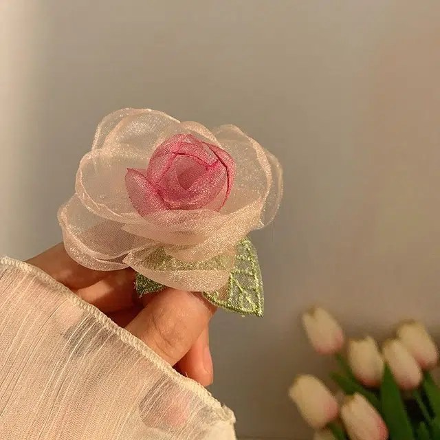 丹琴 山茶花欧根纱大肠扎头花低马尾小香风 网纱 皮筋 发圈 女款