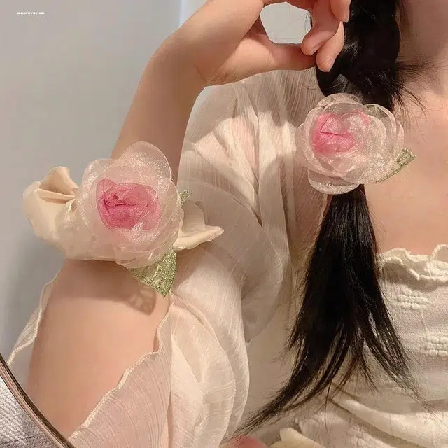 丹琴 山茶花欧根纱大肠扎头花低马尾小香风 网纱 皮筋 发圈 女款