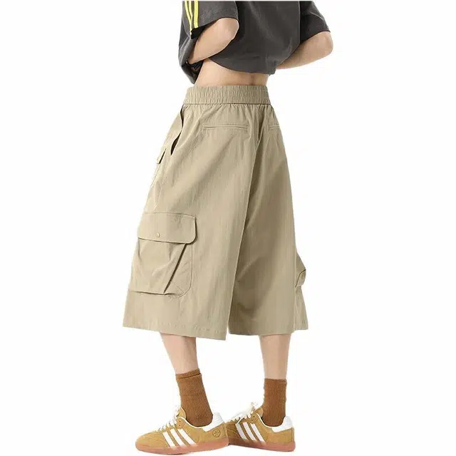 颂希尔 美式宽松舒适百搭多口袋纯色七分裤休闲短裤 男女同款