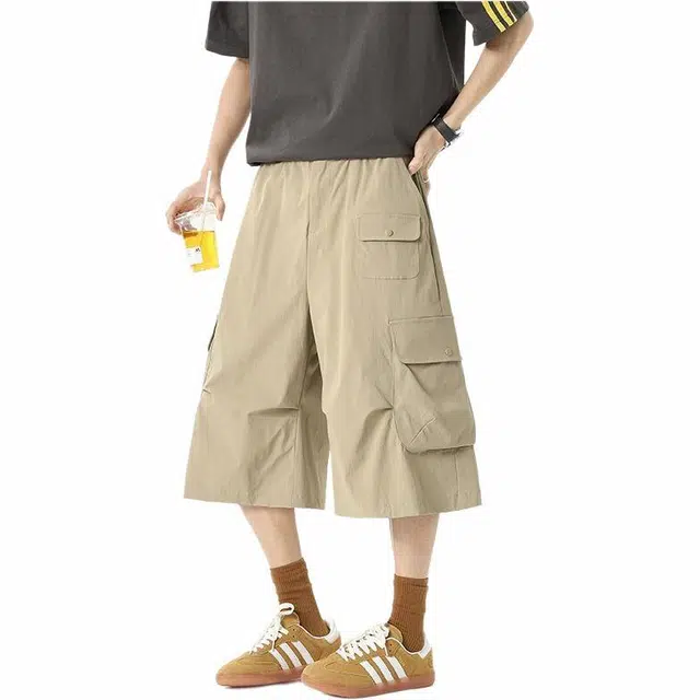 颂希尔 美式宽松舒适百搭多口袋纯色七分裤休闲短裤 男女同款