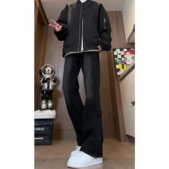 大白鲨 美式复古时尚潮流直筒宽松潮牌高街水洗裤脚拉链个性设计高级感青春流行舒适百搭牛仔裤 男女同款