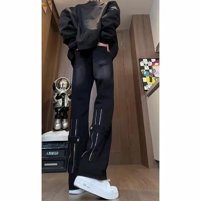 大白鲨 美式复古时尚潮流直筒宽松潮牌高街水洗裤脚拉链个性设计高级感青春流行舒适百搭牛仔裤 男女同款