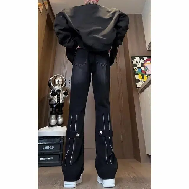 大白鲨 美式复古时尚潮流直筒宽松潮牌高街水洗裤脚拉链个性设计高级感青春流行舒适百搭牛仔裤 男女同款