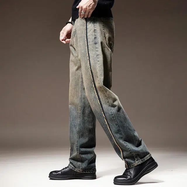 贵色 春季 美式高街潮牌百搭中腰直筒宽松拉链长裤牛仔裤 男女同款 蓝色